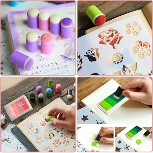40 pcs Finger Sponge Daubers Foam with Storage Case Colorful Craft Drawing Chalk Fingers Set with 8pcs Reusable Stencils for DIY Face Painting Art,Card Making