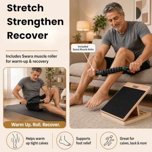 Swara 12.6″ Wooden Slant Board for Calf Stretching & Exercise, Foldable | Adjustable Calf Stretcher with Guide, Bonus Muscle Roller, Ankle Mobility Support, 400lb Capacity and Stable Foldable Design - size: 12.6x14 Inch