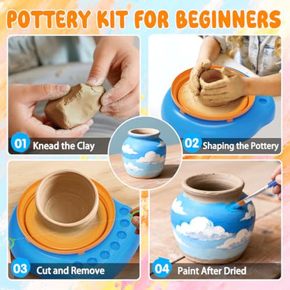 Weilim Pottery Wheel for Kids Beginners, Air-Dry Clay & Paint Kit Ages 6-12 | 3 Clay Packs, 14 Paint Colors, Sculpting Tools, Brushes, Palette,Apron; Gentle Beginner Spin, USB Rechargeable, No Oven - color: Blue