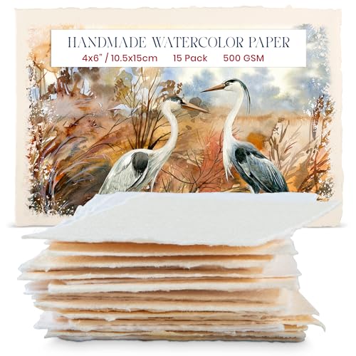 Wanderings Thick Handmade Watercolor Paper with Deckled Edge - 4" x 6" - 500GSM Premium Ivory Cold-Pressed Textured Mixed Media Paper Made with Recycled Cotton - 15 Loose Leaf Sheets - color: Ivory, size: 4x6 inches