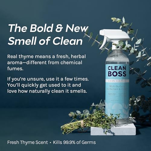 CleanBoss Botanical Disinfectant - 24 oz 2-Pack Multi-Surface Cleaner | Kills 99.9% of Germs + Cold & Flu Viruses - Fresh Thyme Scent - No Rinse on Food Contact Surfaces - Pet Friendly