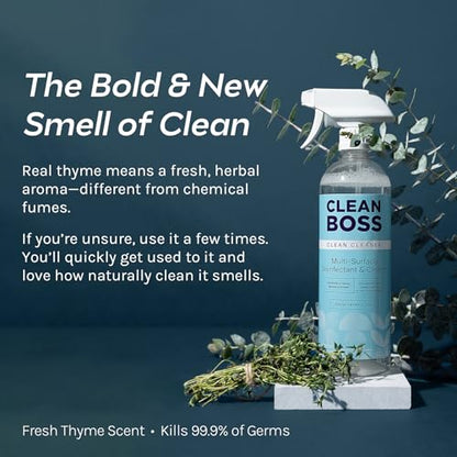 CleanBoss Botanical Disinfectant - 24 oz 2-Pack Multi-Surface Cleaner | Kills 99.9% of Germs + Cold & Flu Viruses - Fresh Thyme Scent - No Rinse on Food Contact Surfaces - Pet Friendly