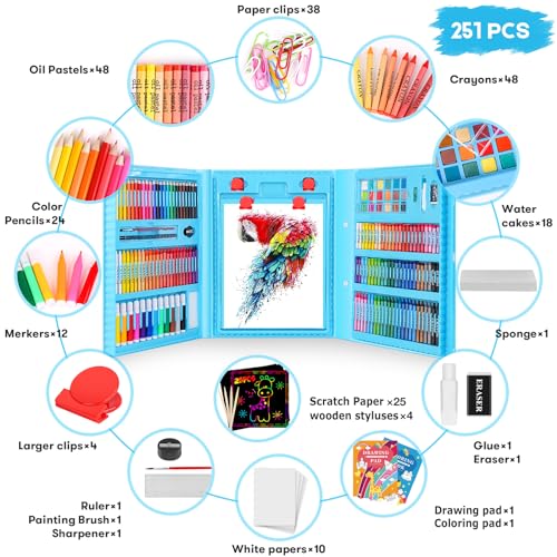 iBayam Art Kit, 251-Pack Art Supplies Drawing Kits, Arts & Crafts Gifts Box | Kids Teen Girls Boys, Art Set Case with Trifold Easel, Scratch Paper, Sketch Pad, Coloring Book, Crayons, Pencils, Watercolor - color: Blue
