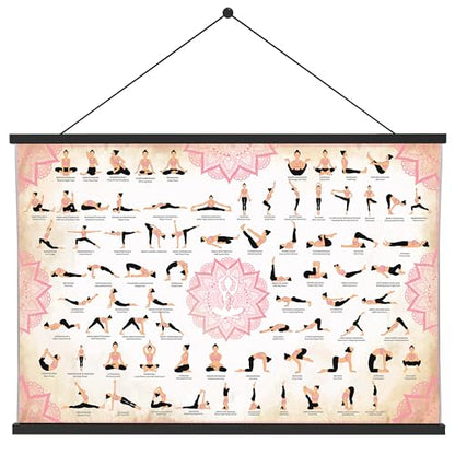JAZZY BLANC Yoga Poses Poster with Magnetic Frame – 36 x 24-inch Premium Yoga Poster – Waterproof Yoga Poster – Yoga Accessories – Yoga Wall Art with 77 Yoga Poses and Stretches. (Pink)