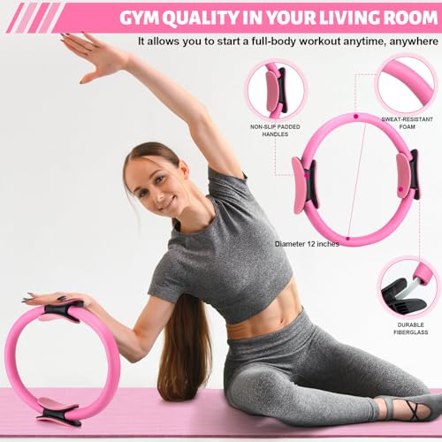 RoundFunny Set of 18 Pilates Ring Essential Kit for Women Pilates Ring and Ball Ankle Resistance Band Yoga Strap Socks Mat Arm Stretcher Latex Tube Gym Back Bag Exercise Equipment for Workout - color: Pink