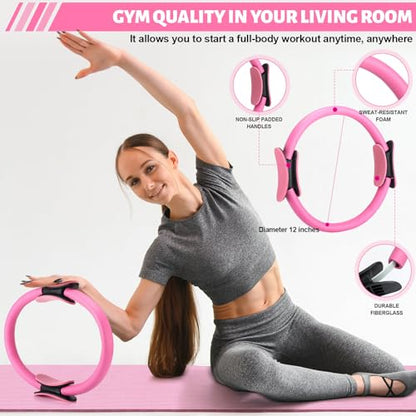 RoundFunny Set of 18 Pilates Ring Essential Kit for Women Pilates Ring and Ball Ankle Resistance Band Yoga Strap Socks Mat Arm Stretcher Latex Tube Gym Back Bag Exercise Equipment for Workout - color: Pink