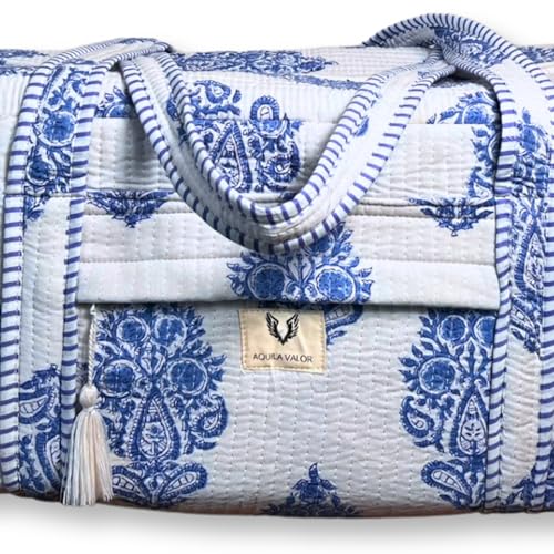 Large Capacity Handblock Printed Yoga Mat bag for Women, Gym Bag, Fits Yoga Blocks, Adjustable strap, Pilates, Gym, Fitness Block & Gear, Light and Durable - color: Neel Butta