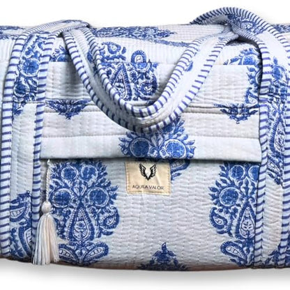 Large Capacity Handblock Printed Yoga Mat bag for Women, Gym Bag, Fits Yoga Blocks, Adjustable strap, Pilates, Gym, Fitness Block & Gear, Light and Durable - color: Neel Butta