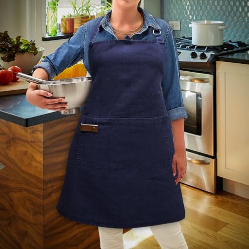 100% Cotton washed Apron with Pocket and Adjustable Neck with Long Ties Apron 25" X 31" for Women Men Chef Cooking, Baking, Gardening, Navy blue
