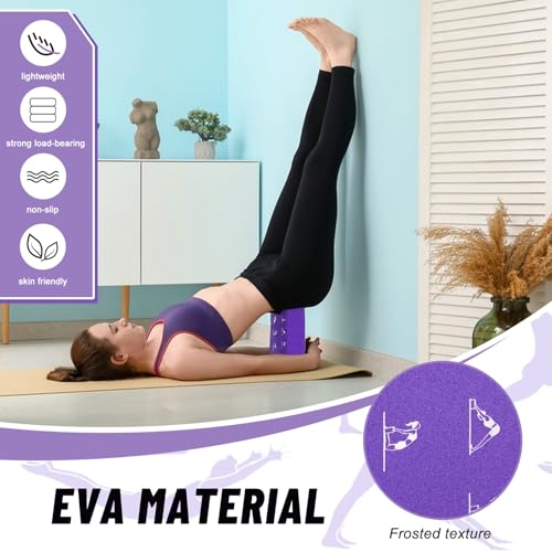 RETON 2 Pack Yoga Blocks and 2 Yoga Straps Set, Soft Non-Slip Yoga Block for Pilates, High Density EVA Foam Yoga Brick with Yoga Strap for General Fitness, Stretching, Improve Strength and Flexibility - color: Purple