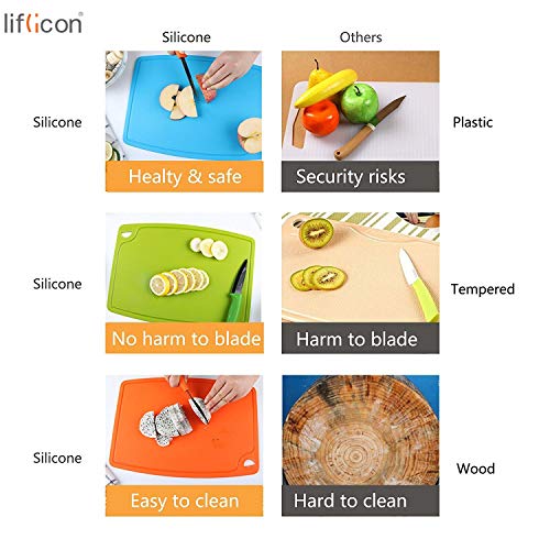 Liflicon Silicone Thick Cutting Boards Mats Set of 3pcs Foldable & Flexible Design Juice Grooves Easy Grip Handle Dishwasher Safe for Kitchen,BPA free Chif-Blue - color: Blue, size: S+M+L