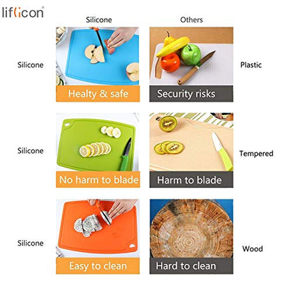 Liflicon Silicone Thick Cutting Boards Mats Set of 3pcs Foldable & Flexible Design Juice Grooves Easy Grip Handle Dishwasher Safe for Kitchen,BPA free Chif-Blue - color: Blue, size: S+M+L