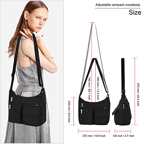 Kamo Crossbody for Women - Multi-pocket Shoulder Lightweight Messenger Casual Printed Purse Handbag Travel Bag - color: Black