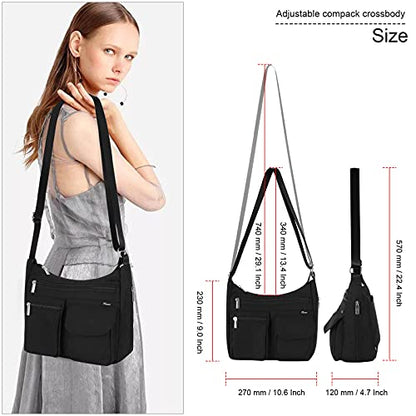 Kamo Crossbody for Women - Multi-pocket Shoulder Lightweight Messenger Casual Printed Purse Handbag Travel Bag - color: Black