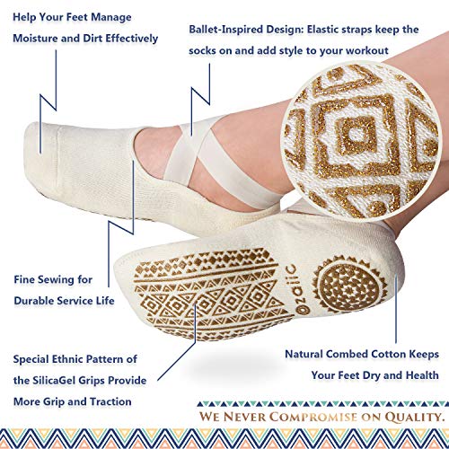 Ozaiic Pilates Socks for Women Non Slip Grip Yoga Barefoot Indoor Workout - color: Black/ Beige -2p（1st Anniversary Edition）