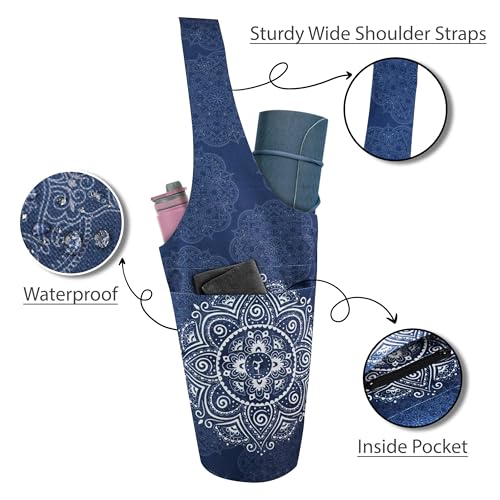 Yoga Mat Bag Yoga Tote Bag with Large Pocket and Zipper Pocket Yoga Mat Bag Carrier Fit Most Size Mats and All You Stuff - color: dark blue