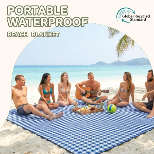 Genovega Waterproof Picnic Blanket Beach Outdoor Mat Rug Registry Wedding Search by Name Must Have Items Newly Wed Married Couple Gifts Bridal Husband Wife Men Women Mr Mrs 1 Anniversary Present - color: Checkered Navy