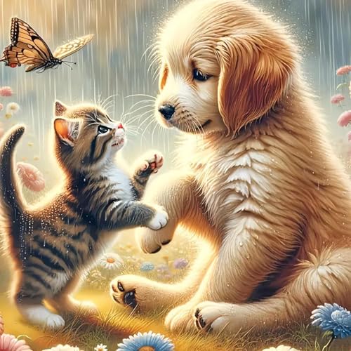 Shouruihua Cat Diamond Painting Kits for Adults, Dog Diamond Art Kits | Animal, Gem Art, Diamond Dotz Kits, Diamond Dots, Wall Art, Adult Crafts, Full Round Drill Diamond Painting Kits, 11.8x11.8in - color: Cat and Dog