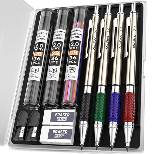Nicpro 2.0 mm Mechanical Pencils Set, 4PCS Metal Mechanical Drawing Pencil | 108 Color & Black (HB 2B) Lead Refill, Non Slip Grips, Art Mechanical Pencil for School Writing, Artist Drawing Sketching