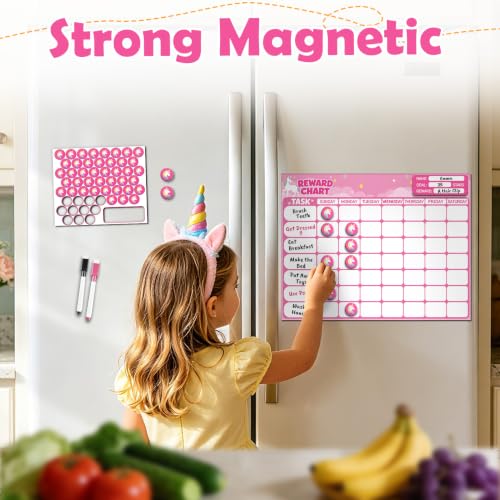 Magnetic Reward Chart for Kids, Customizable Dry Erase Weekly Chore Chart - size: 1 Kid-Unicorns