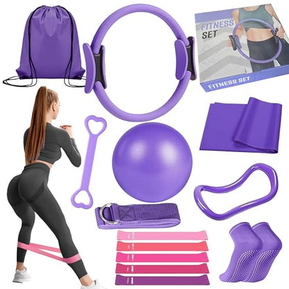 Pilates Kit for Home Workouts, 13-Pcs Pilates Essentials Kit with Ring and Ball Set, Resistance Bands, Home Pilates Equipment for Women, Starter Workout Kit for Beginners