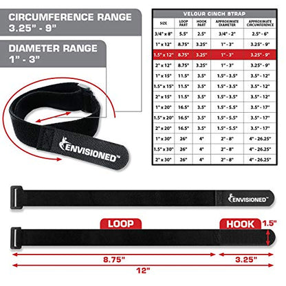 Velour Cinch Straps 1.5" x 12" - 6 Pack, Soft Touch Microfiber Reusable Hook and Loop - Plus 2 Free Bonus Reusable Cable Ties - size: 1.5" x 12"