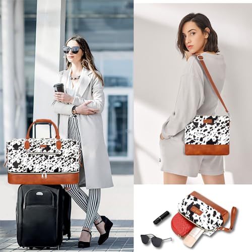 ITIEZY Weekender Bag for Women 21.5" Travel Duffel Large Carry On Bag 3PCS | Nylon Duffel Bag with Waterproof Shoe Compartment, Crossbody Bag and Toiletry Bag, Travel Weekend Hospital Overnight Gym Bag - color: 5-Black Cow