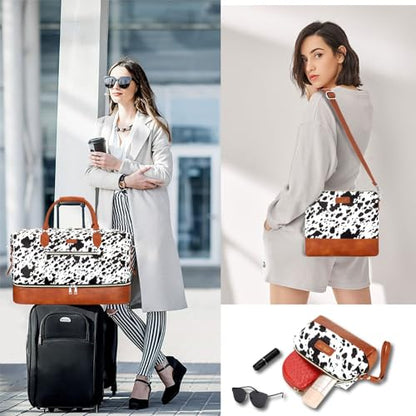 ITIEZY Weekender Bag for Women 21.5" Travel Duffel Large Carry On Bag 3PCS | Nylon Duffel Bag with Waterproof Shoe Compartment, Crossbody Bag and Toiletry Bag, Travel Weekend Hospital Overnight Gym Bag - color: 5-Black Cow