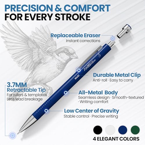 WUO 0.5 mm Mechanical Pencils with Eraser Pen Storage Case, 4 PCS | Metal Drafting Pencil Set, 480 HB Lead Refills, 3x4B Erasers, 11 Eraser Refills for Artist Writing Drawing Sketching - color: Multicolor1 - 0.5mm (4 Pack)
