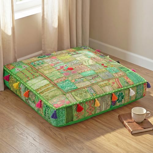 THE ART BOX Cotton Patchwork Vintage Boho Embroidered Floor Pillows & Cushion Cover Green Pouf Seating Pouf Meditation Pillow Pet Bedding Bed Boho Home Décor (35x35 Inches, Cover Only) - color: Light Green