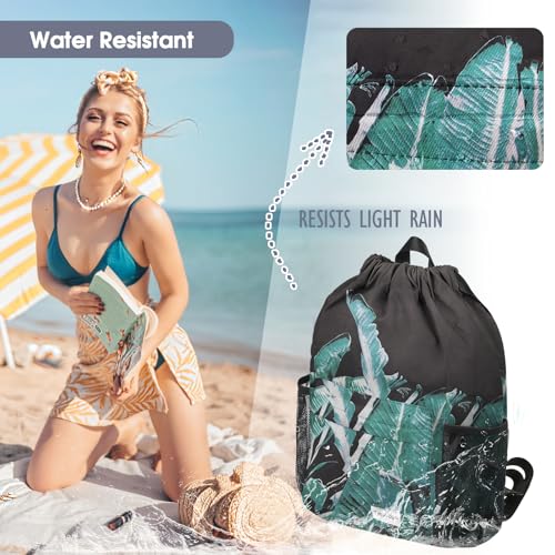 Waterproof Drawstring Backpack Sports Gym Sackpack with Mesh Pockets Water-Resistant String Cinch Beach Bag for Men Women - color: Print - Black Leaves