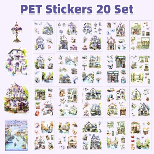 Water Mountain House Sticker Scrapbooking Supplies for Junk Journal, 20 Sheets PET Stickers - Vintage Journaling Stickers, Ephemera Sticker Book Pre Cut(TZ-009-004) - style: Water Mountain House