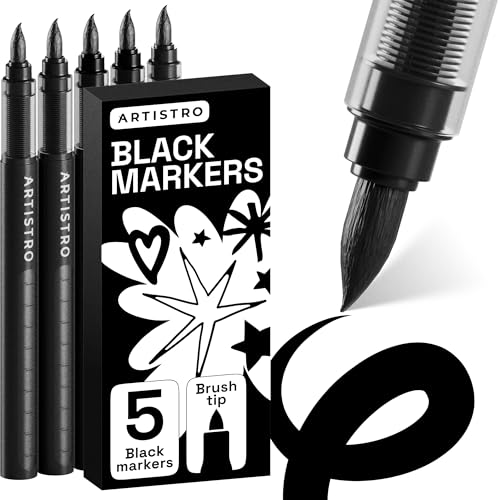 ARTISTRO Black Paint Pens - Brush Tips - Set of 5 | Acrylic Paint Markers, Water-Based, Automatic Ink Control System, For Rock, Glass, Ceramic, Wood, Tire, Fabric, Metal, Canvas - color: Black, style: Brush Tip