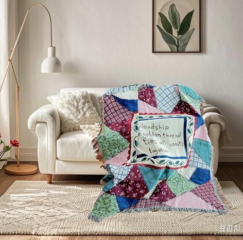 Patchwork Friendship Woven Tapestry Throw Blanket 50"x60" | Colorful patchwork wall hanging art jacquard woven soft travel mat fringe tassels, multipurpose indoor outdoor use - color: Patchwork