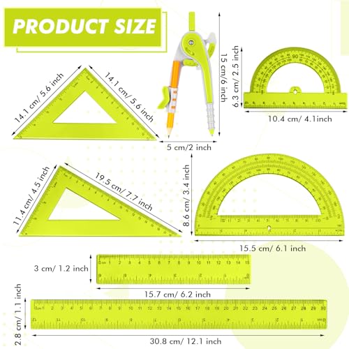 Zonon 1 Set Plastic Geometry Math Set 7 Pcs Includes 6'' / 4 '' Protractor, Drawing Compass, 45/60 Degree Triangle Rulers, 12'' / 6'' Math Ruler Transparent for Office Supplies(Yellow) - color: Yellow