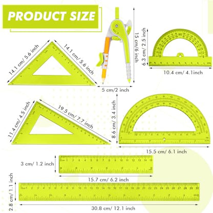 Zonon 1 Set Plastic Geometry Math Set 7 Pcs Includes 6'' / 4 '' Protractor, Drawing Compass, 45/60 Degree Triangle Rulers, 12'' / 6'' Math Ruler Transparent for Office Supplies(Yellow) - color: Yellow