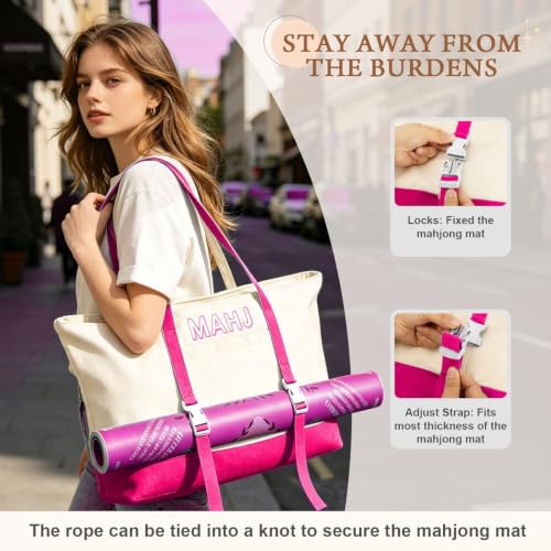 Mahjong Bag Storage Carrying Case for Tiles with Shoulder Strap (Rose Red) | 3-Bag System, External Mat Strap, Large Capacity, Lightweight Canvas, Reinforced Stitching, Fast Packing. - color: Rose Red