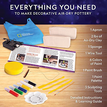 National Geographic Deluxe Pottery Wheel Complete Starter Kit for Kids | Plug-In Motor, 3 Lbs. Air-Dry Clay, Patented Arm Tool, Sculpting Tools, Gemstone Chips, Paints, Creative Birthday Gift - style: Deluxe Starter Bundle