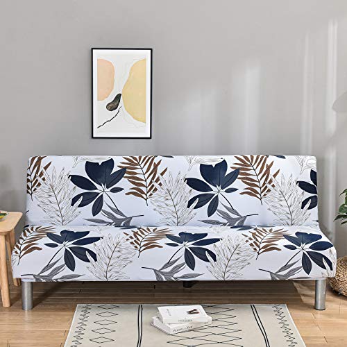 MIFXIN Armless Sofa Cover Futon Slipcover Stretch Elastic Folding Sofa Bed Non-Armrest Couch Furniture Protector Spandex Printed Washable Sofa Cover Without Armrests (Grey Blue Leaf) - color: Grey Blue Leaf