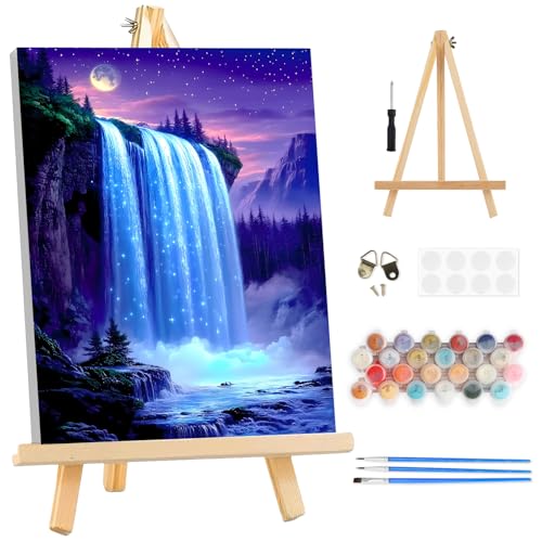 TOSTOG Luminous Moonlit Waterfall Framed Canvas Paint by Numbers Art Kit for Adults and Kids, Beginner Acrylic Oil Painting Supplies with Wooden Frame for Home Wall Decor 20 * 30 cm/8 * 12 in - color: Luminous Moonlit Waterfall