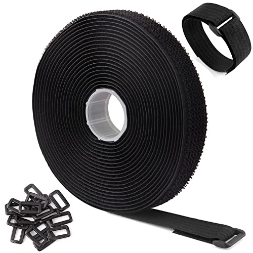 16Ft x 1In Adjustable Cable Straps with 25 Buckles, Free Cut Length, Black Reusable Fastening Cable Ties, Hook and Loop Securing Strap for Cable Tidy, Wire Management, Cord Organiser, Black - color: Black, size: 16Ft x 1In