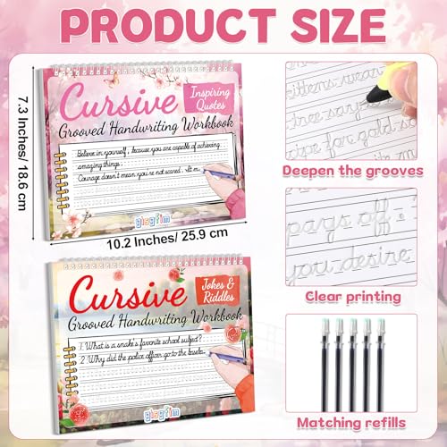 gisgfim 2 Pack Grooved Cursive Handwriting Workbook Magic Grooved Cursive Reusable Handwriting Practice with Disappearing Ink Pens Learning Activities Supplies (Jokes Riddles&Inspiring Quotes) - style: Inspirational Sentences+Jokes