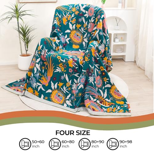 Flower and Bird Boho Throw Blanket for Bed Couch 90"×98" - color: Boho Flower-c, size: 90"x98"