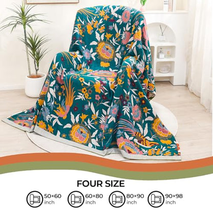 Flower and Bird Boho Throw Blanket for Bed Couch 90"×98" - color: Boho Flower-c, size: 90"x98"