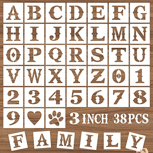 3 Inch Letter Stencils and Numbers, 38 Pcs Alphabet DIY Craft Stencils, Reusable Plastic Drawing Templates for Painting on Wood, Wall, Fabric, Rock, Floor, Signage, Door Porch - size: 3 Inch