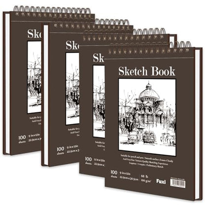 9 x 12 inches Sketch Book, Top Spiral Bound Sketch Pad, 4 Pack 100 Sheets Each (68lb/100gsm), Acid Free Art Sketchbook Artistic Drawing Painting Writing Paper for Kids Adults Beginners Artists - color: Brown, size: 9" x 12" (Pack of 4)