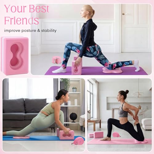 Yoga Blocks 2 Pack for Wrist Relief,Yoga Block with Knee Pads Strap - color: Pink