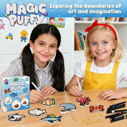 Artnedu 3D Art Kit-Magic Puffy Paint Kit,Ocean Theme,DIY Color Activity | Magic Puffy Keychain,15 Mess-Free Paint by Number Craft for Kids,Best Gift for Girls & Boys Age 4, 5, 6, 7, 8, 9, 10 - color: Ocean Puffy Painting Kits