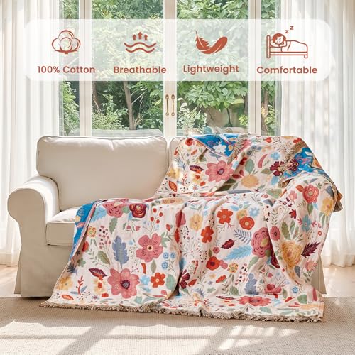 MSGKV Boho Throw Blanket 50"x60" Summer Cotton Floral Blanket for Couch | Muslin Throw, Floral Pattern, Reversible Woven, Lightweight Comfort, Farmhouse Decor, All Seasons, Machine Washable - color: Various Flowers, size: 50"x60"