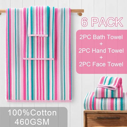 VOOVA & MOVAS Striped Towels 6 Pack, 100% Cotton, Pink Aqua - color: Pink + Aqua + Teal Striped, size: 6 PCS Bathroom Towels